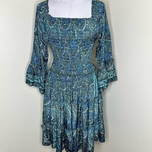 OPC Dress XS/S Womens Paisley Blue Bell Sleeve Smocked Pleated Boho A-Line Green